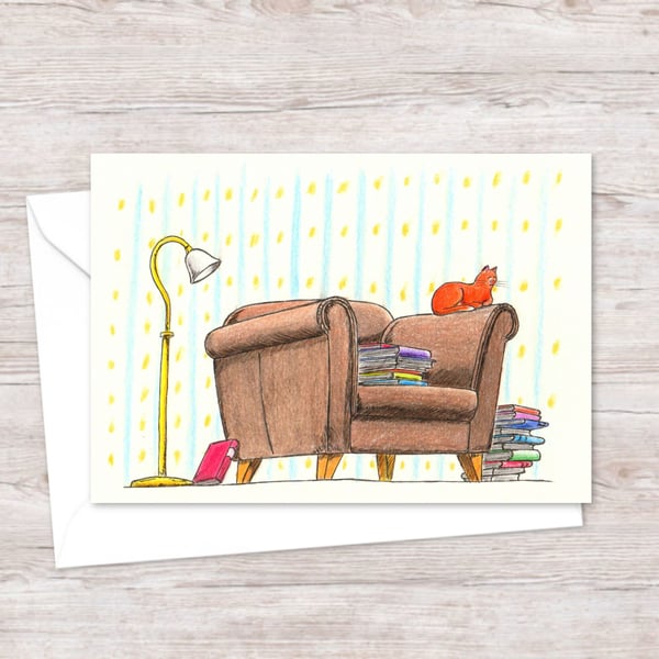 Bookish Cat Greeting Card: Hand Drawn Illustration of a Cosy Ginger Cat (116)