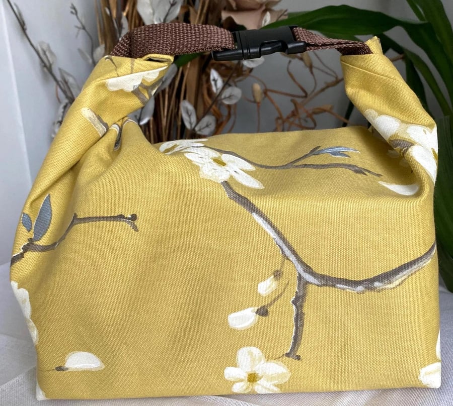 Handmade floral lunch bag mustard cotton roll top eco reusable bag