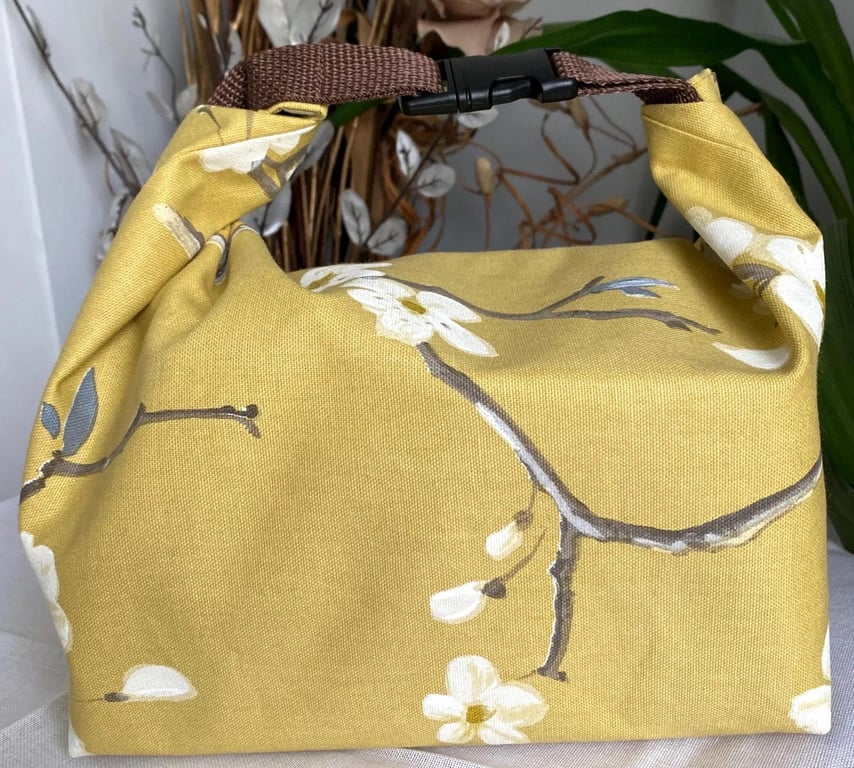 Handmade floral lunch bag mustard cotton roll top eco reusable bag