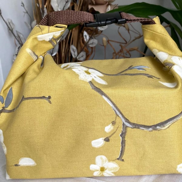 Handmade floral lunch bag mustard cotton roll top eco reusable bag