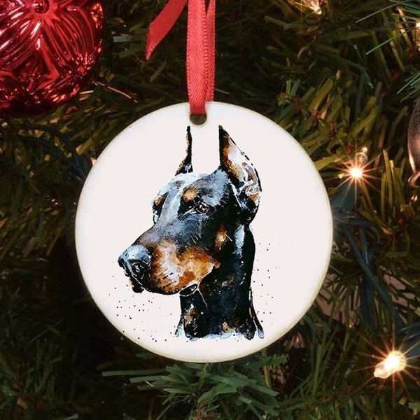 Doberman Ceramic Circle Tree Decoration. Doberman Xmas Tree Decoration, Doberman