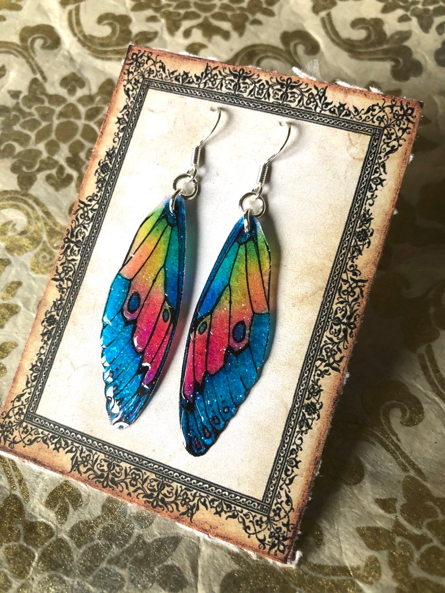 Blue Pink Orange and Yellow Fairy Wing Sterling Silver Earrings