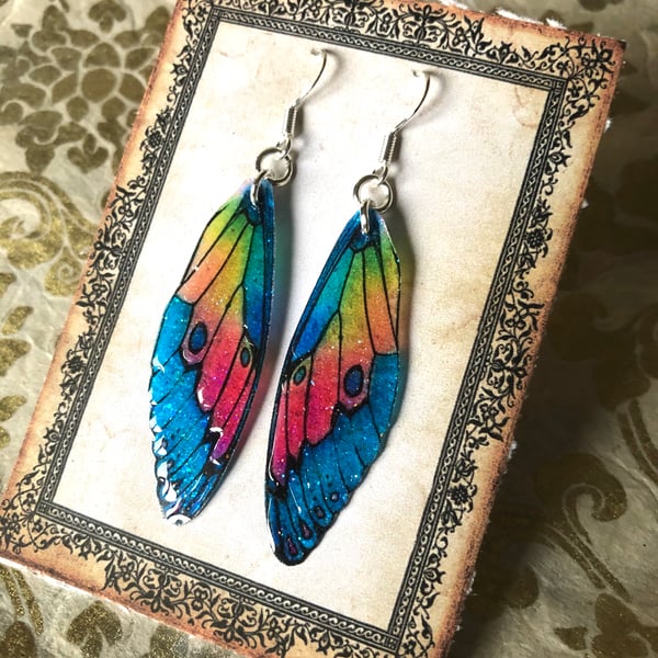 Blue Pink Orange and Yellow Fairy Wing Sterling Silver Earrings