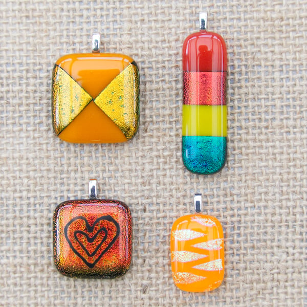 Red and Orange Sparkly Dichroic Fused Glass Pendants