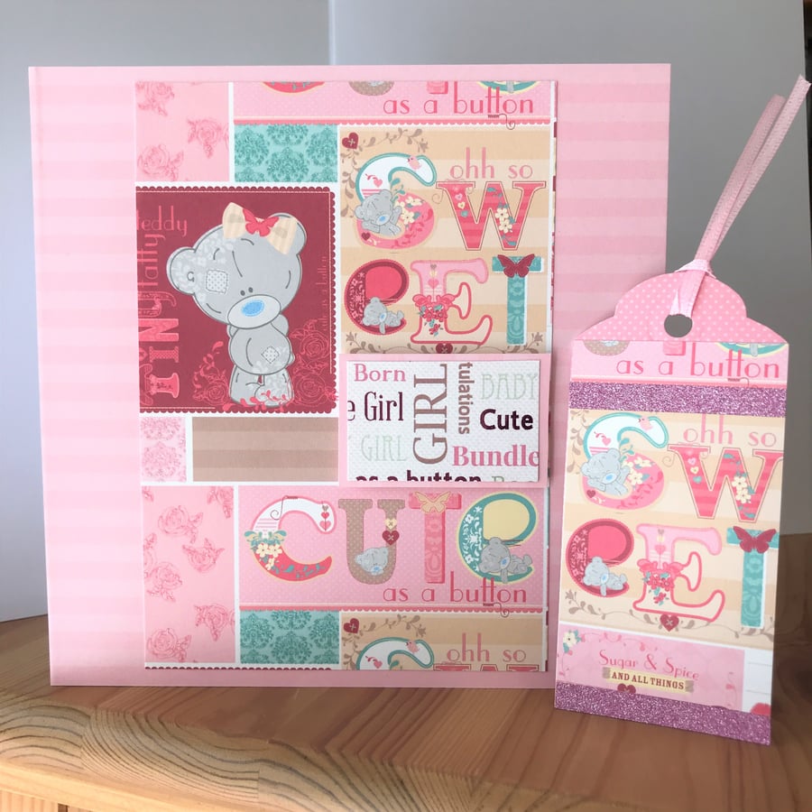 SALE Handmade New Baby Girl card 6 x 6 ins Pink cute as a button with Gift tag