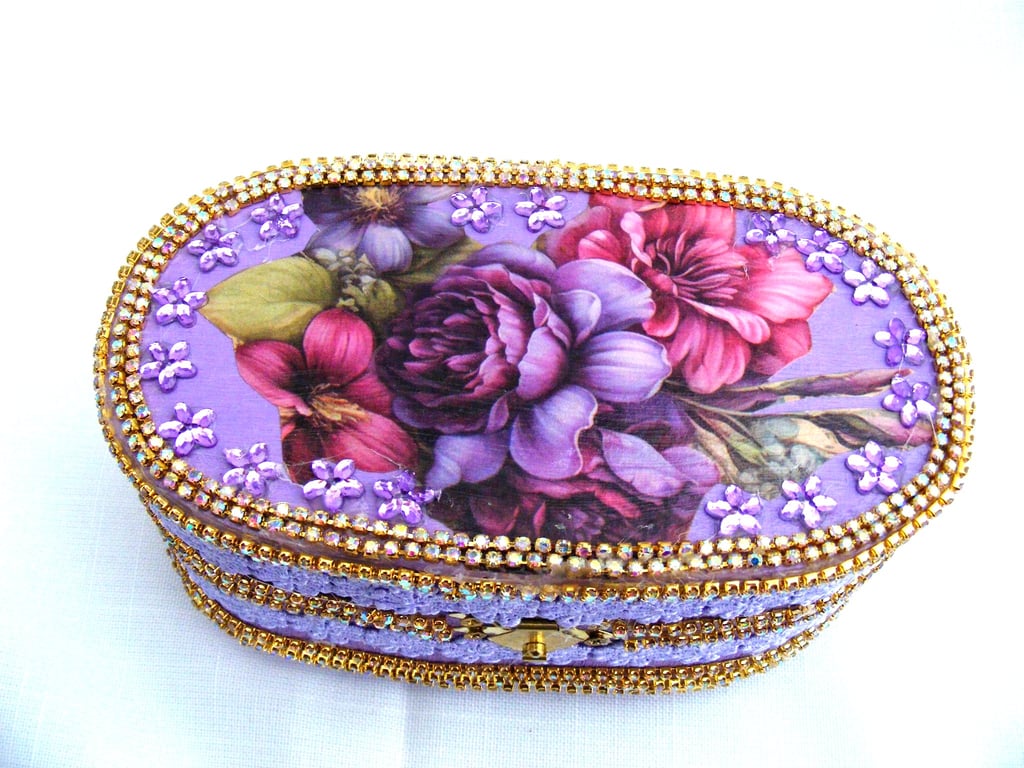 Purple floral decoupaged keepsake, memory or jewellery box