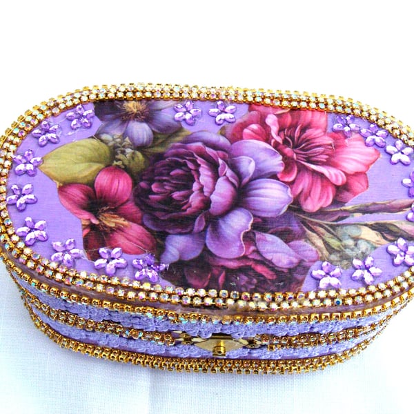 Purple floral decoupaged keepsake, memory or jewellery box