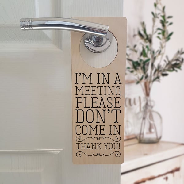 Personalised Wooden Door Hanger - In a Meeting