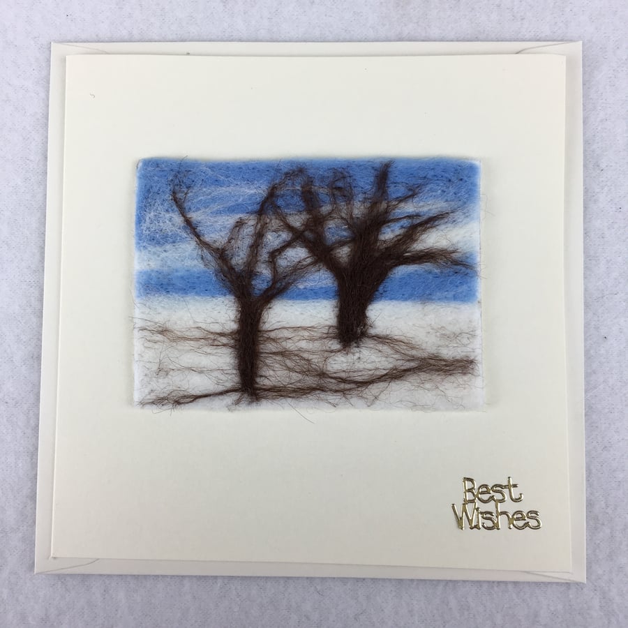 Felted ACEO greetings card, snowy landscape, best wishes, removable ACEO