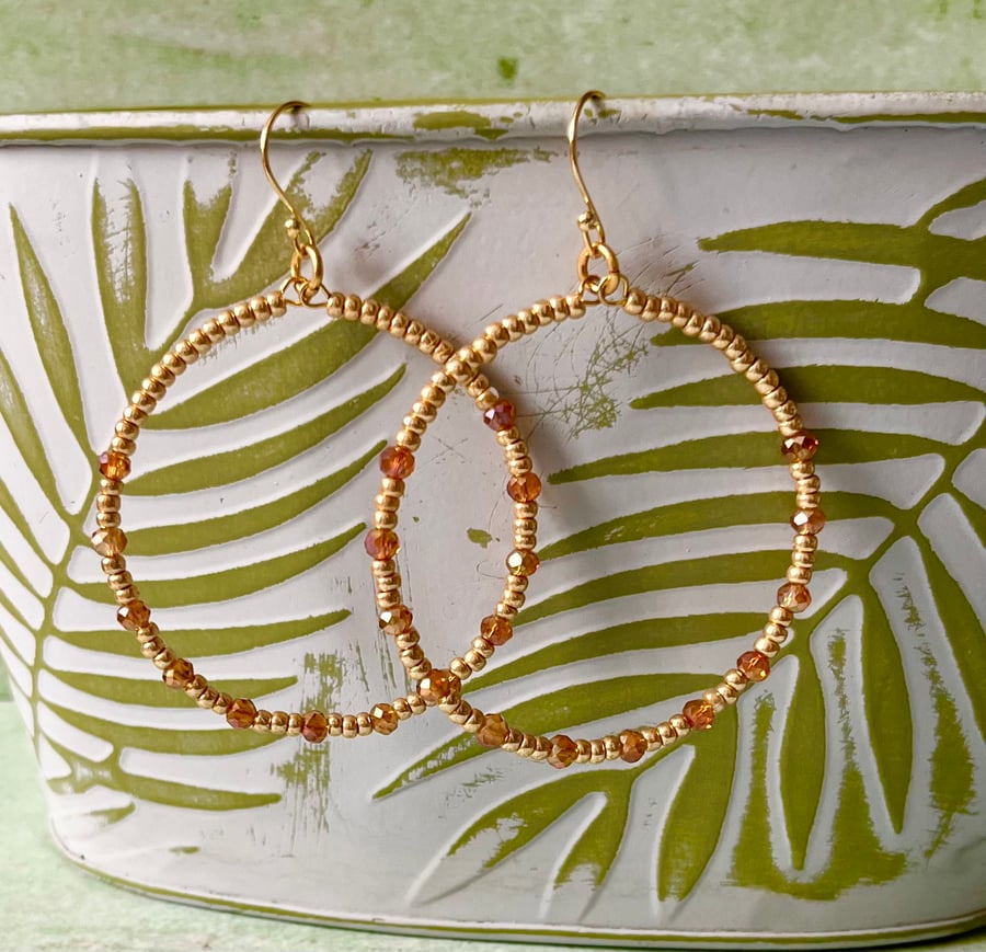 Extra Large Beaded Hoop Earrings - Amber & Gold 