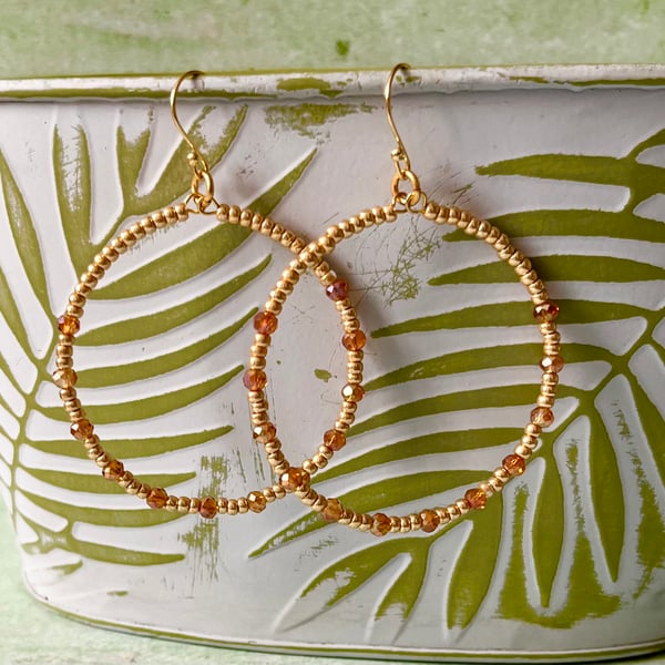 Extra Large Beaded Hoop Earrings - Amber & Gold 