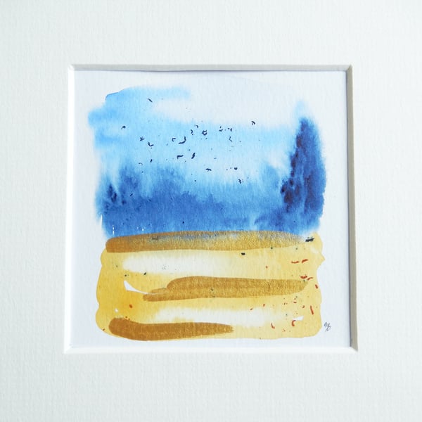 Abstract watercolour Painting, Flying Birds over Fields, Small Art, Original