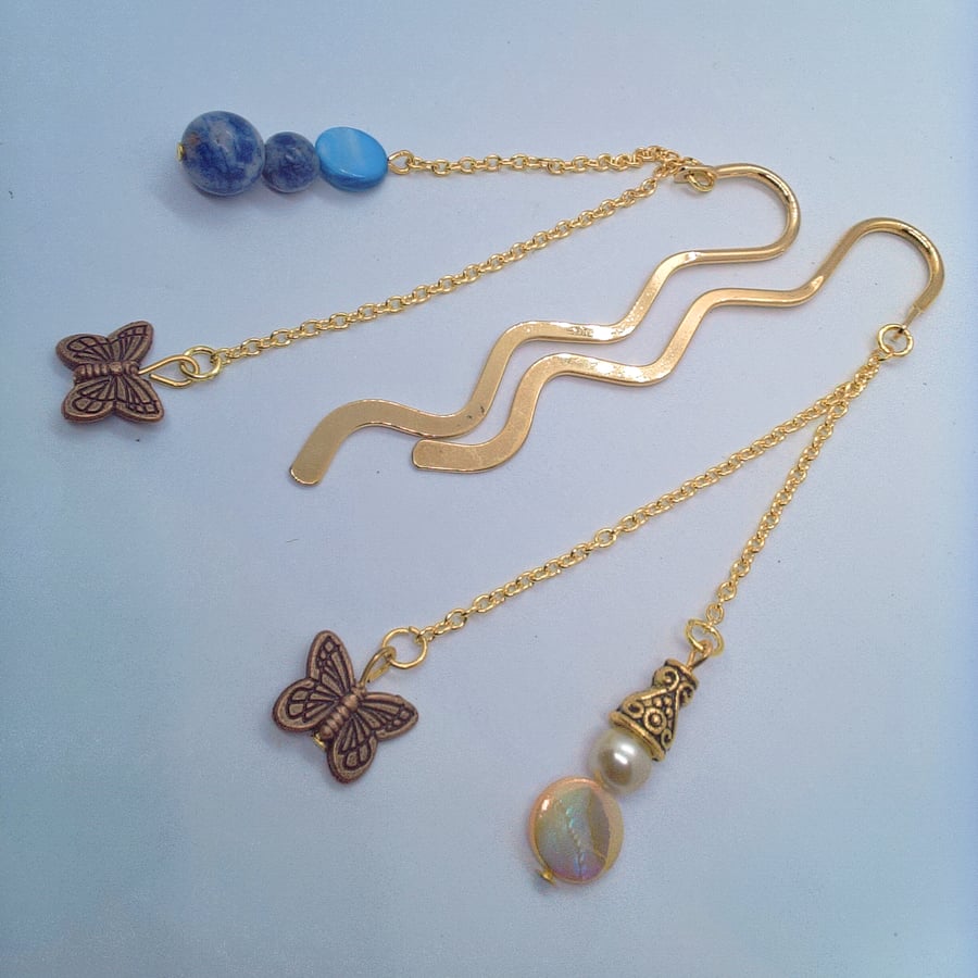 Gold Plated Bookmark with Bronze Butterfly Charm and a Choice of Beaded Charm