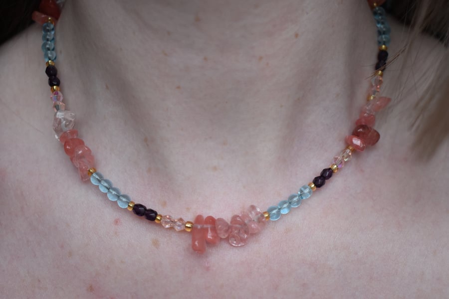 Blue Glass, Cherry Quartz & Crystal Beaded Necklace - Handmade Jewellery