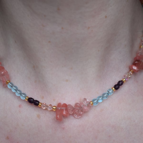 Blue Glass, Cherry Quartz & Crystal Beaded Necklace - Handmade Jewellery