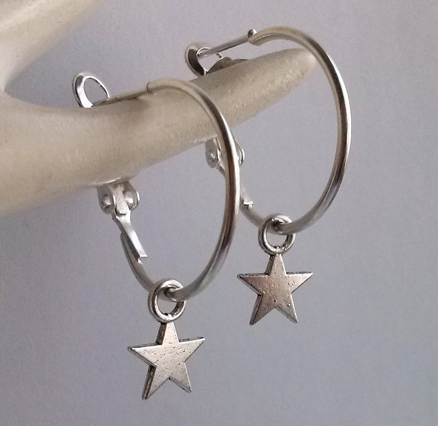 Star Hoops Silver Plate Hoop Earrings