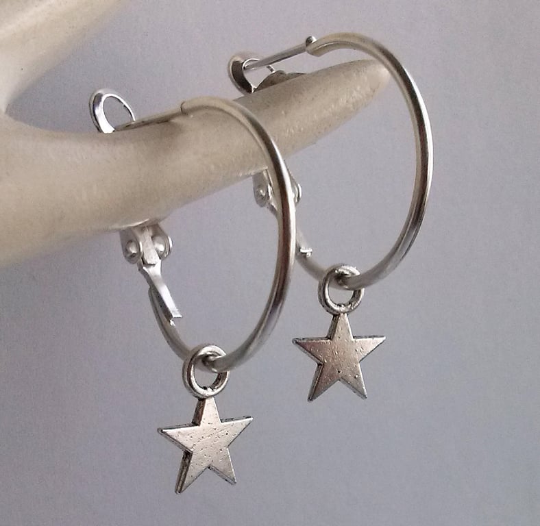 Star Hoops Silver Plate Hoop Earrings