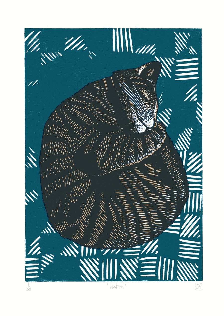 Watson three-colour A3 linocut screen-print