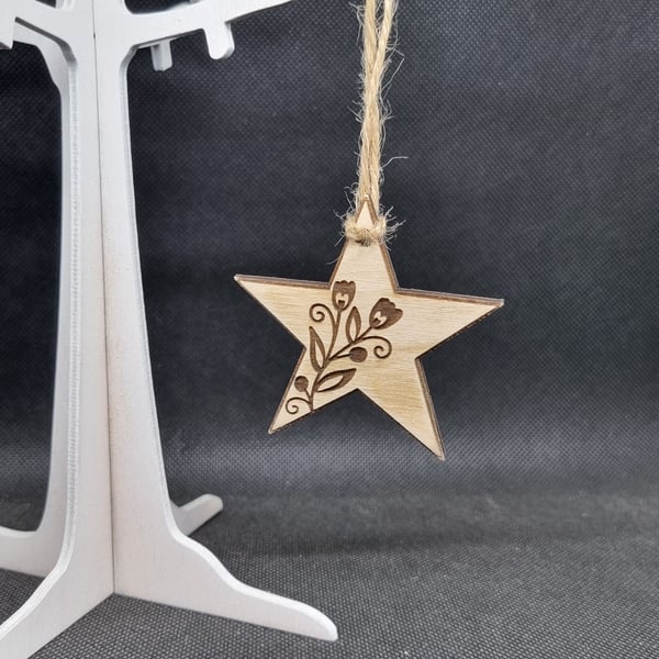 Star and flowers, laser-cut and laser-etched on wood