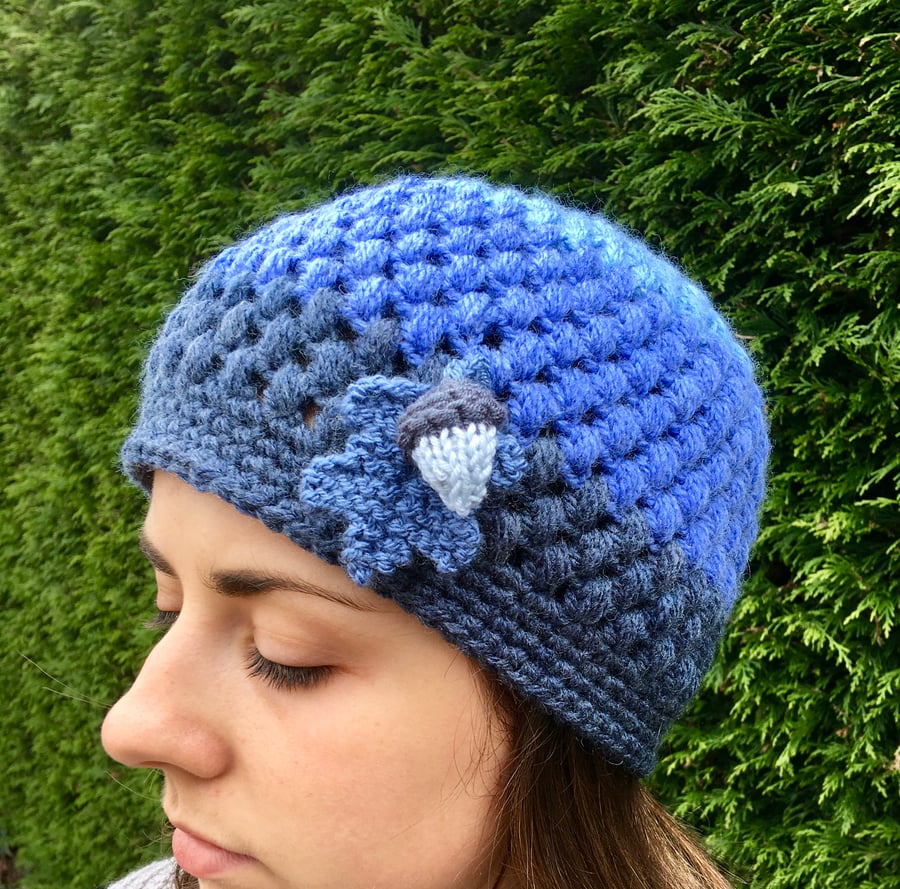 Crochet Beanie Hat With Oak Leaf and Acorn, Ladies Blue Hat