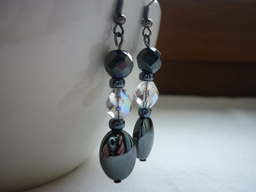 HEMATITE AND AB CRYSTAL DROP EARRINGS.  747