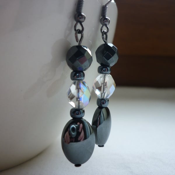 HEMATITE AND AB CRYSTAL DROP EARRINGS.  747