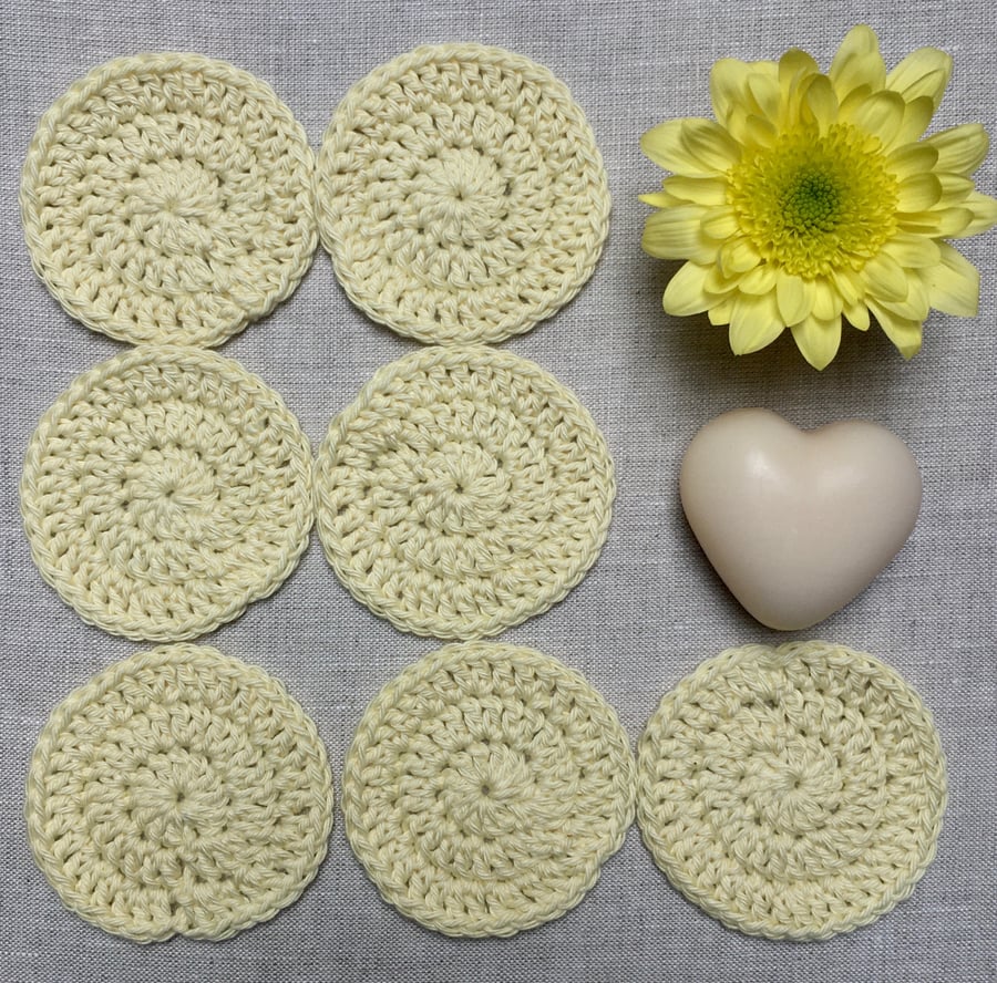 Handmade Reusable Vegan Yellow Cotton Face Scrubbies Make-up Wipes Set of 7
