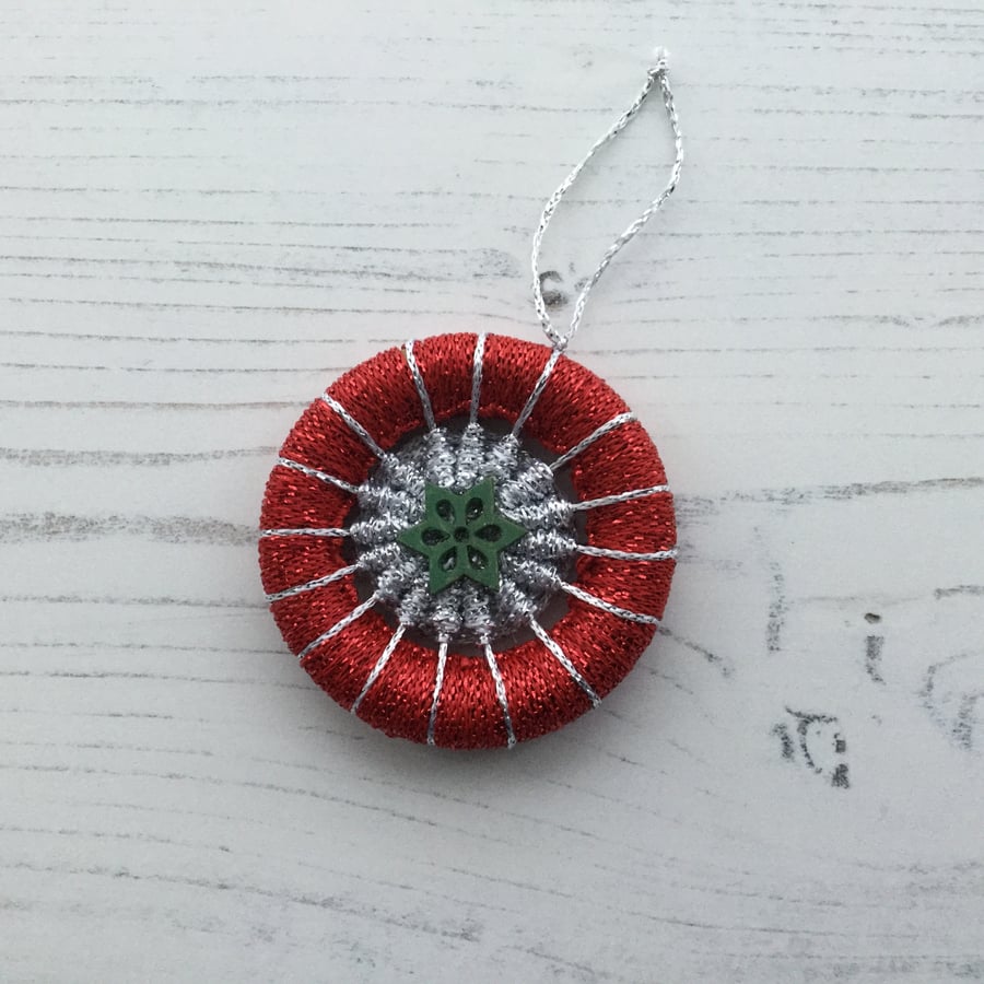 Dorset Button Christmas Tree Decoration in Red and Silver with Green Snowflakes