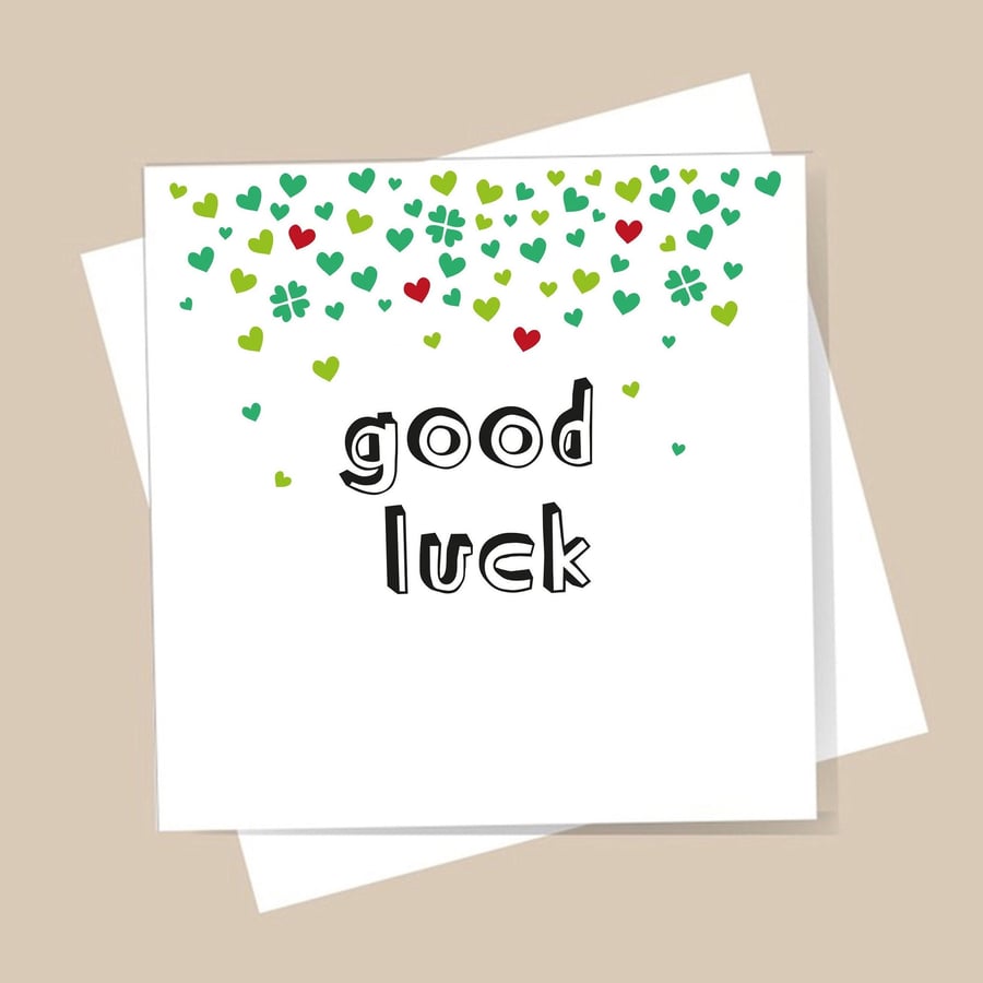 Good Luck Card - Best Wishes, With shimmer red and green hearts. Free delivery