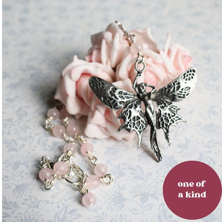 Rose Quartz and Pewter Fairy Pendant Necklace