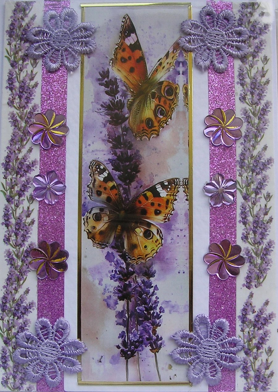 Butterfly on Lavender Flower - Hand Crafted Decoupage Greeting Card - Blank 3795