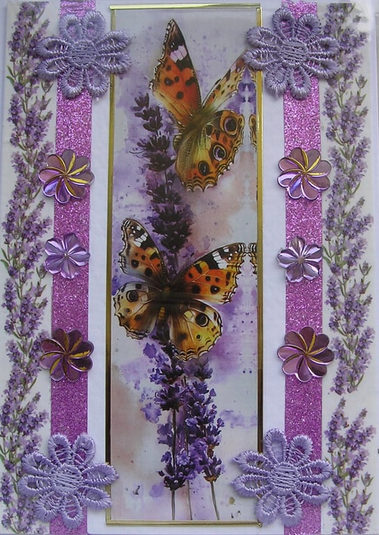 Butterfly on Lavender Flower - Hand Crafted Decoupage Greeting Card - Blank 3795