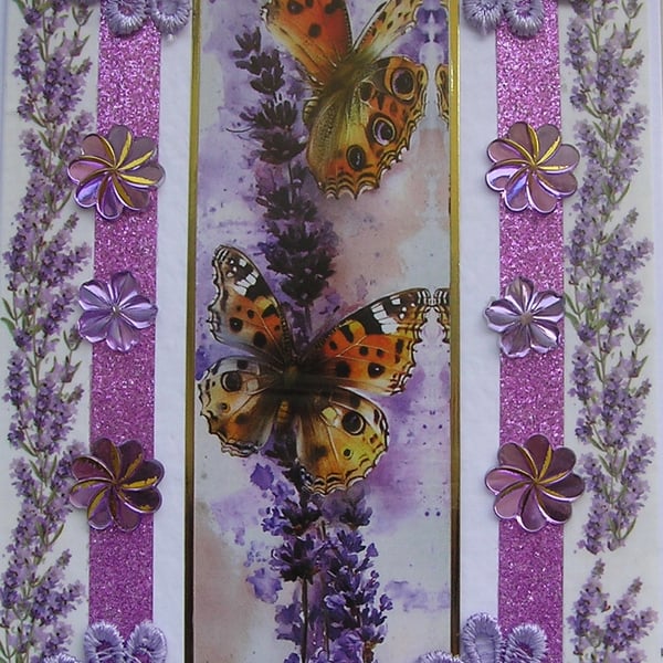 Butterfly on Lavender Flower - Hand Crafted Decoupage Greeting Card - Blank 3795