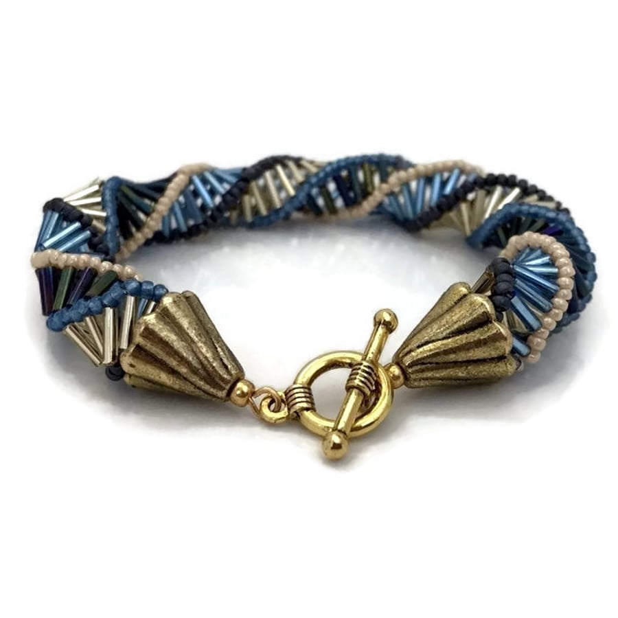 Blue & Gold Bugle Bead Russian Spiral Bracelet