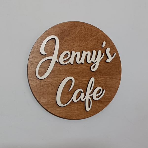 Personalised round wooden kitchen decor Cafe sign