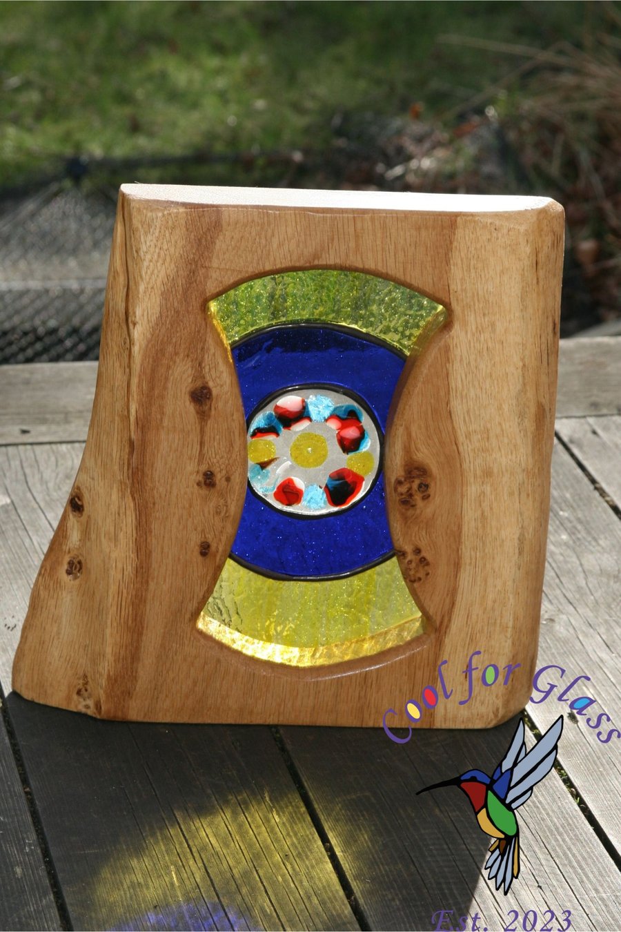 'Splash' fused and stained glass blended in solid oak frame         