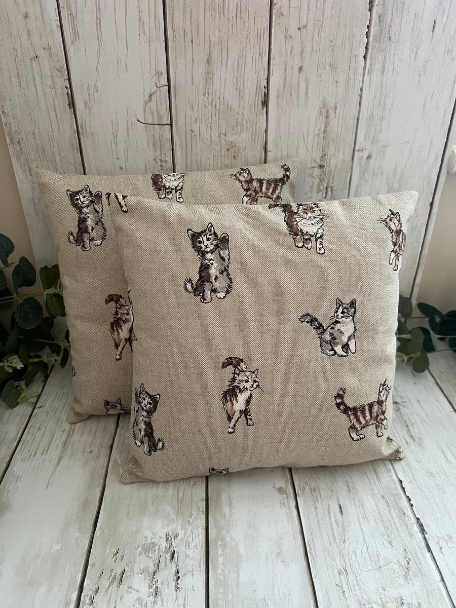 Pair of Square Mini Cushions in Cat Cotton Rich Linen Fabric - Home Decor