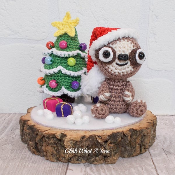 Sloth and Christmas tree crocheted sculpture.  Crochet ornament, decoration