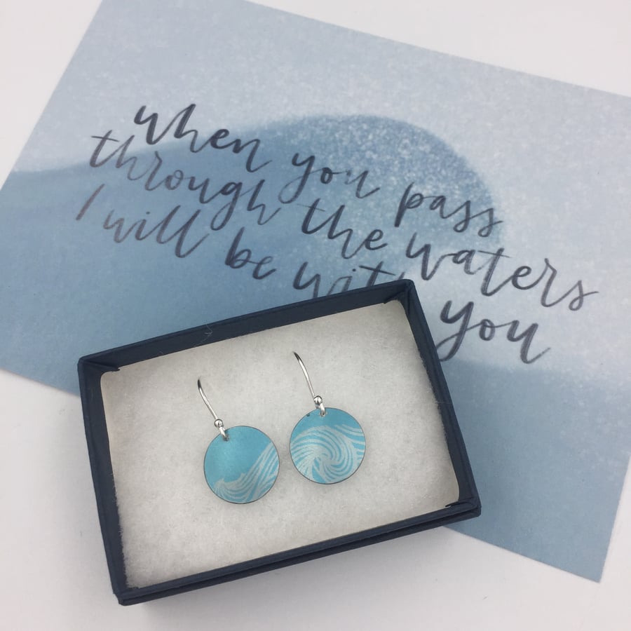 Pale turquoise ocean wave anodised aluminium earrings and postcard set