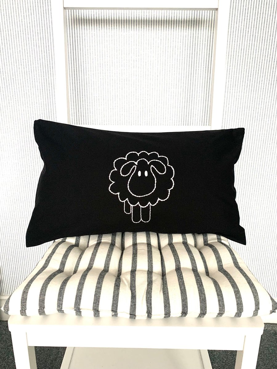 Cushion cover, lumber, embroidered cute sheep black and white cotton canvas. 