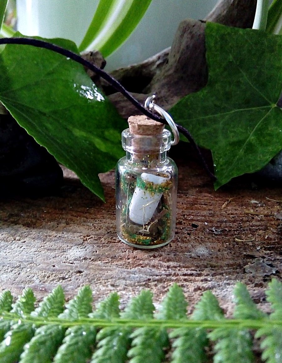 Prosperity magic spell  in a bottle necklace. Pagan wealth spell necklace.