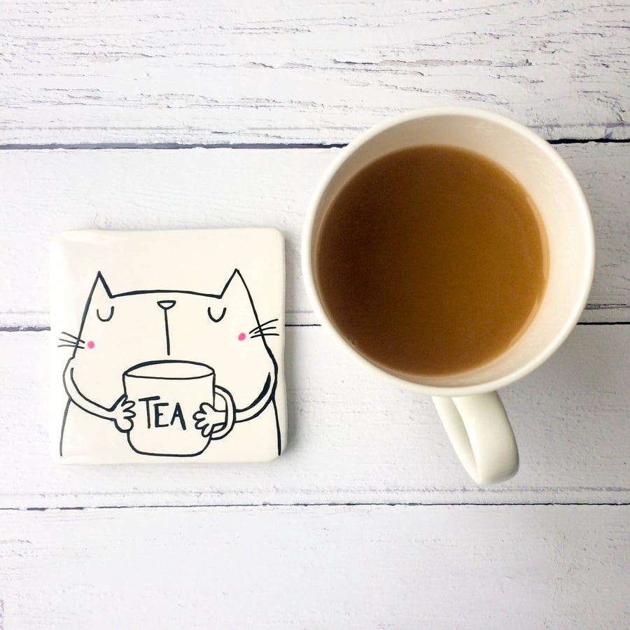 Tea Drinking Cat Coaster
