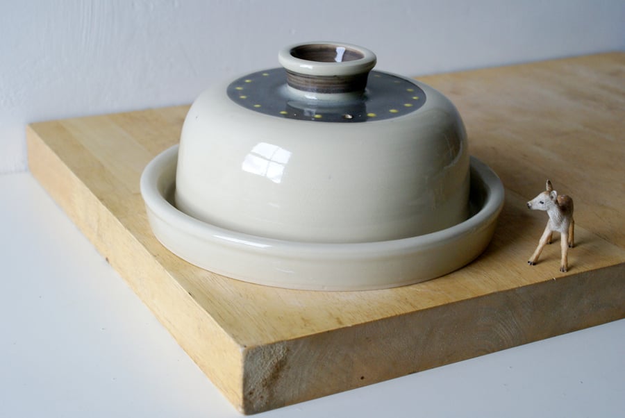 Sale - Hand thrown butter dish - glazed in transparent with slip design