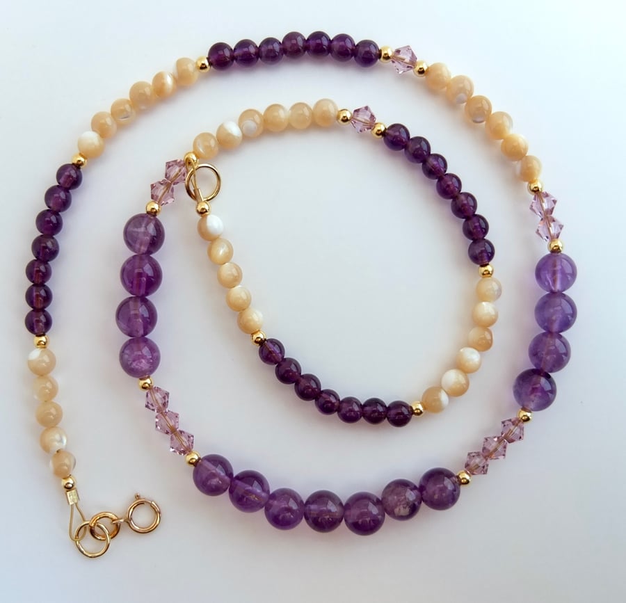 Amethyst, Mother Of Pearl And Swarovski Crystal Necklace - Handmade In Devon