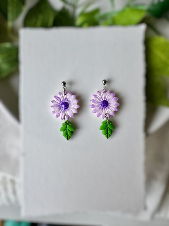 Purple Daisy and Leaf Polymer Clay Earrings 