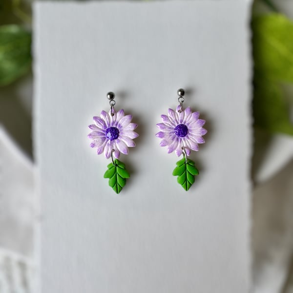 Purple Daisy and Leaf Polymer Clay Earrings 