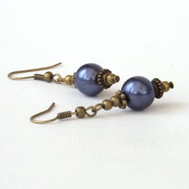Blue shell bronze earrings