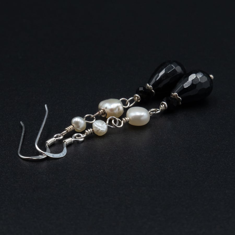 Black onyx, freshwater pearl and silver triple drop earrings, Leo, Cancer gift