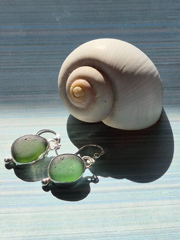 Beautiful Olive Green Seaham Seaglass Dangling Earrings Sterling Silver 925