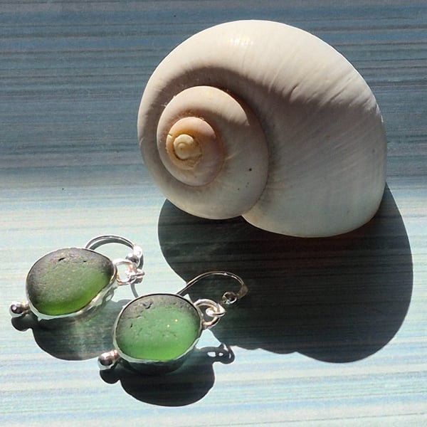 Beautiful Olive Green Seaham Seaglass Dangling Earrings Sterling Silver 925